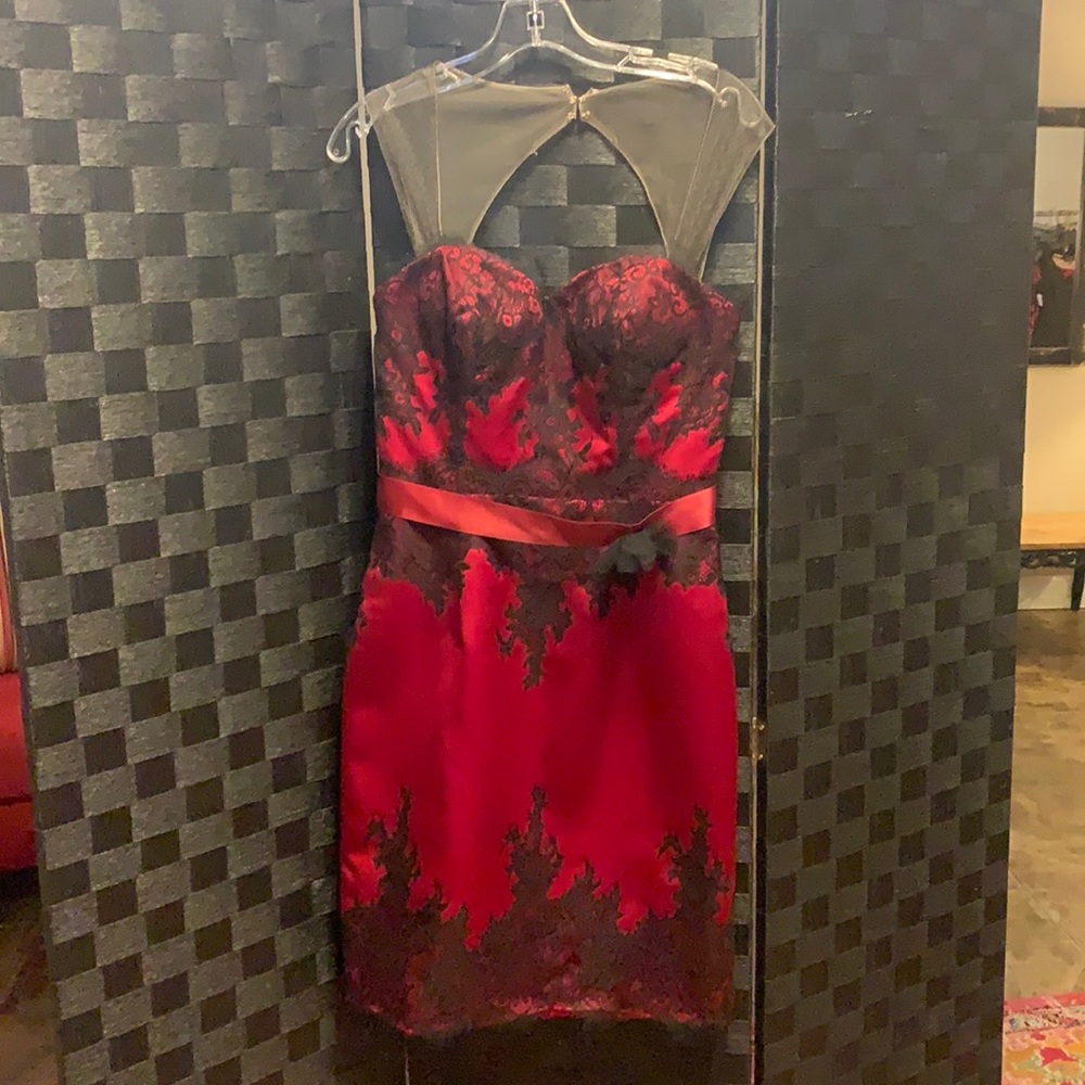 Red and black lace cocktail dress